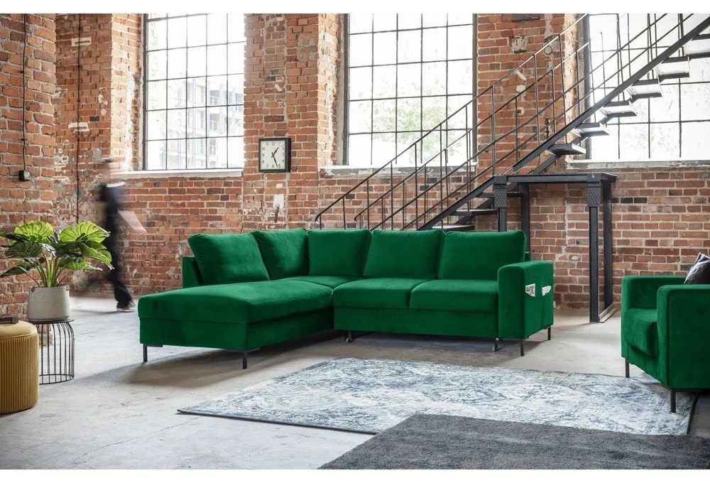 Tmavozelená zamatová rozkladacia rohová pohovka (ľavý roh) Lofty Lilly – Miuform