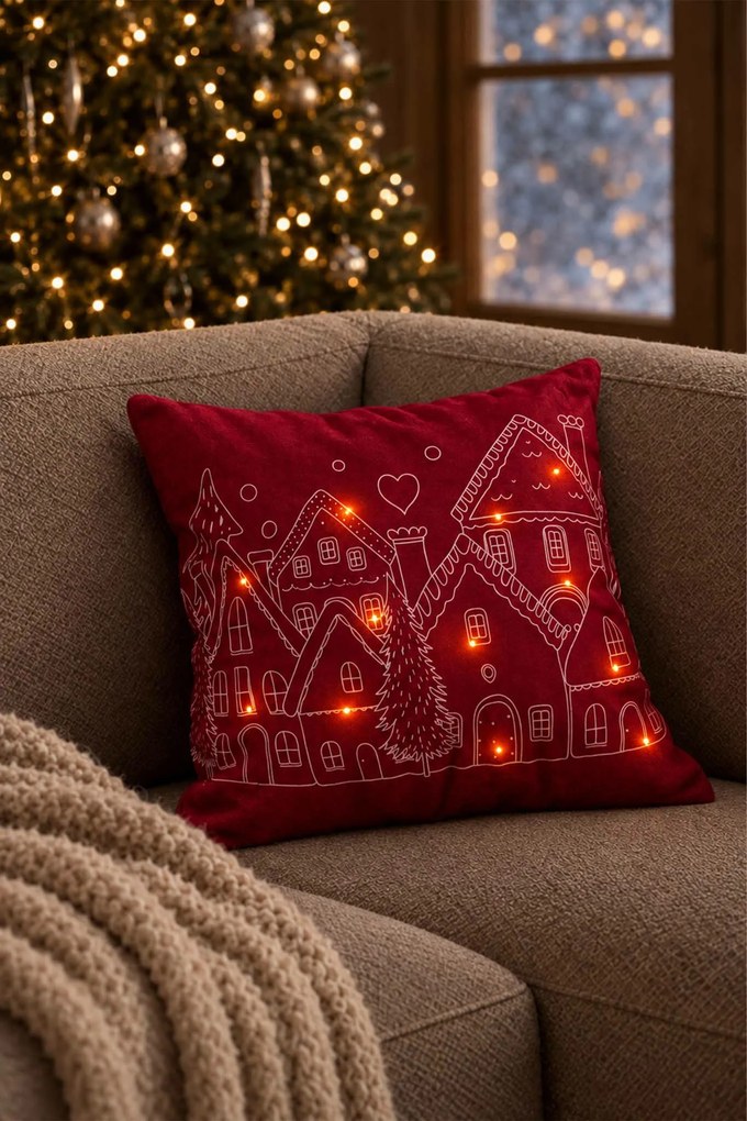 Velúrová obliečka na vankúš HOUSES LED bordová 45x45 cm