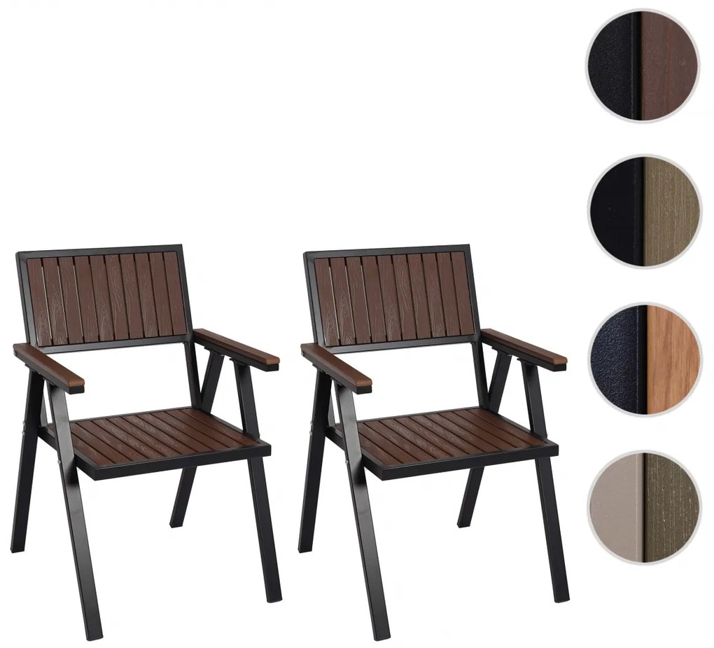 Set 2 záhradných stoličiek HWC-J95, hliník imitácia dreva - čierny rám, teak