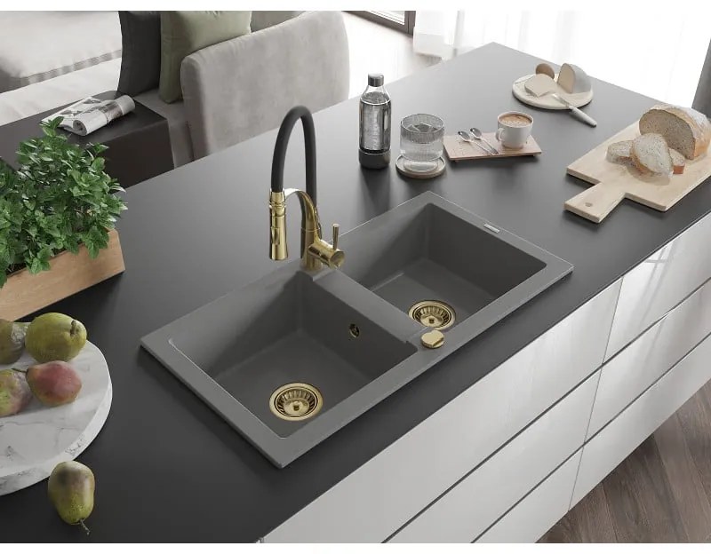 Mexen Mario, granitový drez 820x436x161 mm, 2-komorový a drezová batéria Aster, šedá, 6504-71-73450-57-G