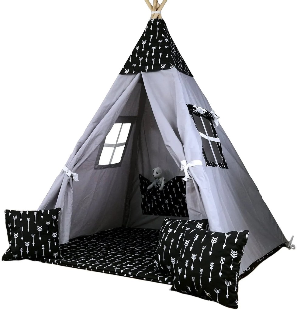 Detský stan TEEPEE (TÍPÍ) ŠÍPY s doplnkami - sivý / čierny