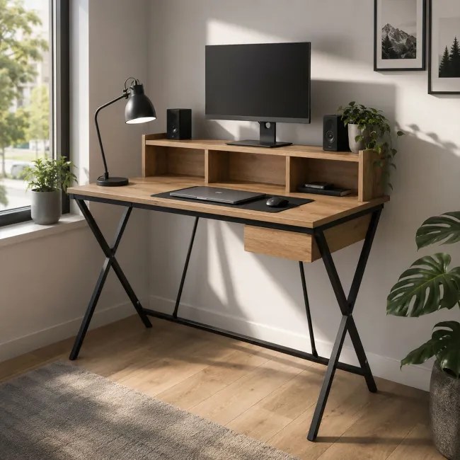 Kancelársky industriálny stôl FLEXO dub Artisan / čierne nohy