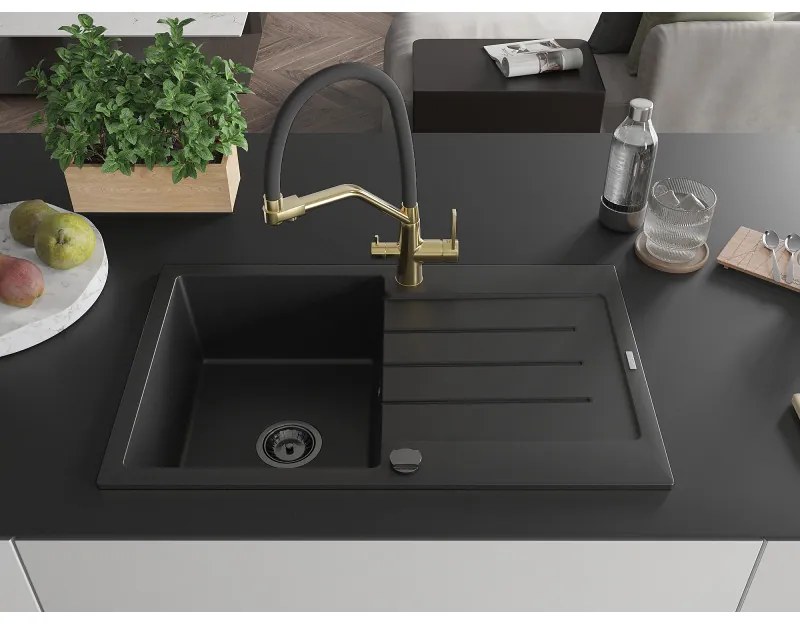 Mexen Bruno, 1-komorový granitový drez 795x495x200 mm a drezová batéria Duo, čierna, 6513-77-671701-57-B
