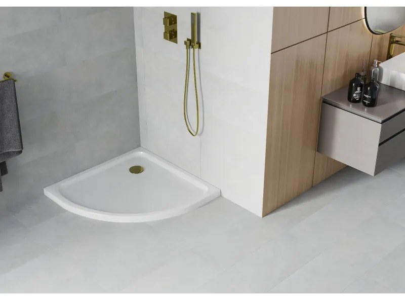 Mexen SLIM - Štvrťkruhová sprchová vanička 90x90x5cm + zlatý sifón, biela, 41109090G