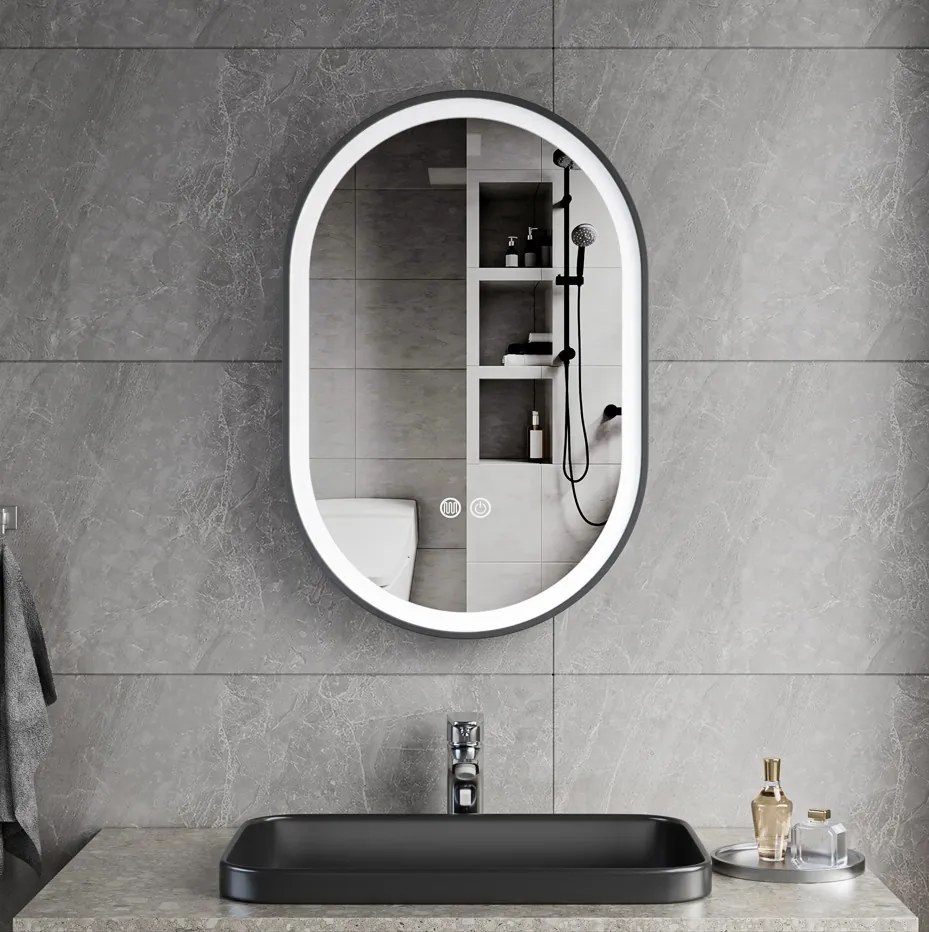 Erga Gwen, oválne LED zrkadlo 40x60cm v čiernom kovovom ráme, 3 farby svetla, predné osvetlenie, vyhrievacia podložka proti zapareniu, ERG-V01-GWEN-4060-BK
