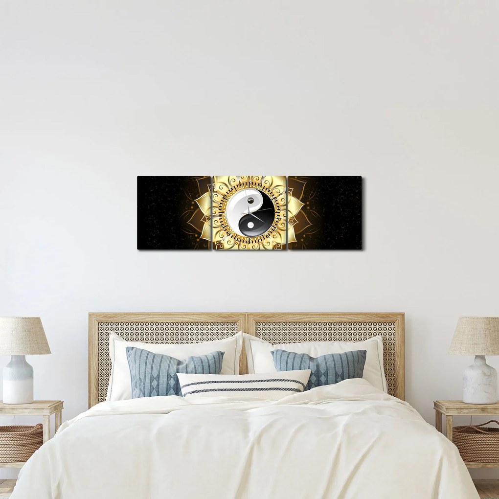 Obraz - Zlatý Yin-Yang (s hodinami) (90x30 cm)