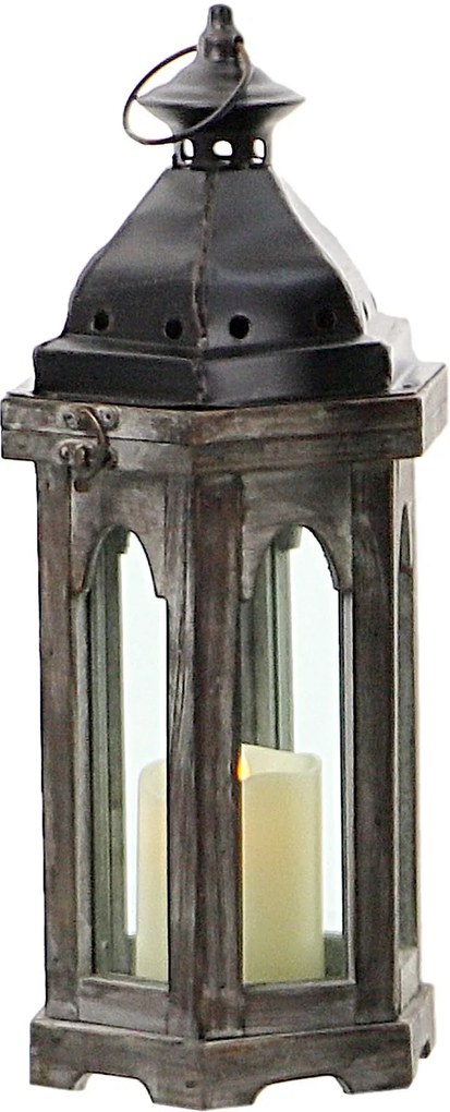 Drevený lampáš s plechovým vrchom MSL3563BR - hnedo-biely (19x17x39 cm) - vidiecky štýl