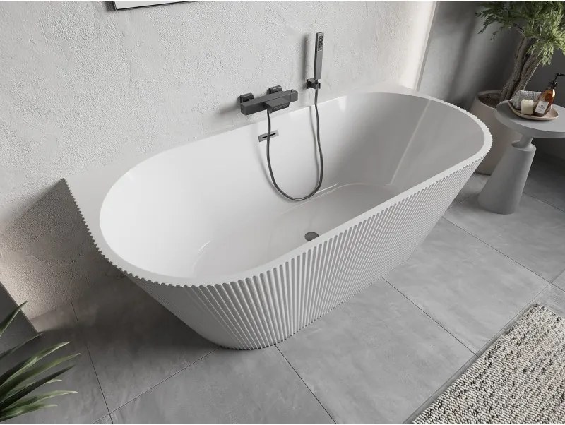 Mexen Oris, voľne stojaca ryhovaná vaňa 170 x 80 cm, biela lesklá, brúsený grafit prepad, 52871708000-66