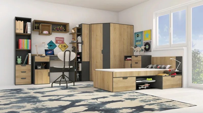 Rohová šatníková skriňa Nano, dub/grafit