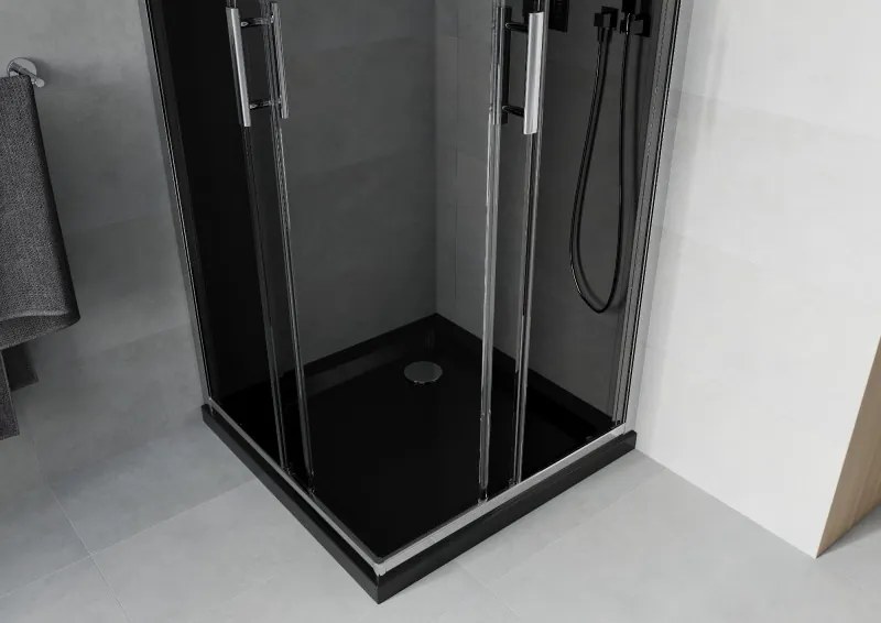Mexen Rio, štvorcový sprchovací kút s posuvnými dverami 80 x 80 cm, 6mm šedé sklo, chrómový profil + čierna sprchová vanička, 860-080-080-01-40-4070