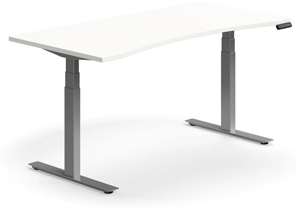Výškovo nastaviteľný stôl QBUS, s výrezom, 1600x800 mm, strieborný rám, biela