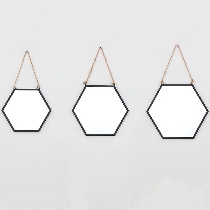 Sada dekoratívnych šesťhranných zrkadiel na šnúrke, čierna (3 ks)