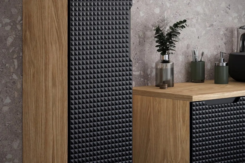Vysoká závěsná koupelnová skříňka LUXOR BLACK 80-01-1D černá/dub olejovaný