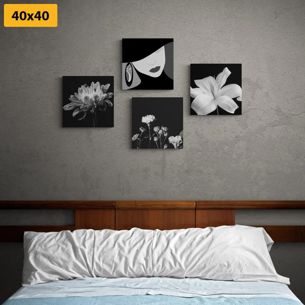 Set obrazov elegancia ženy a kvetov v čiernobielom prevedení Varianta: 4x 60x60