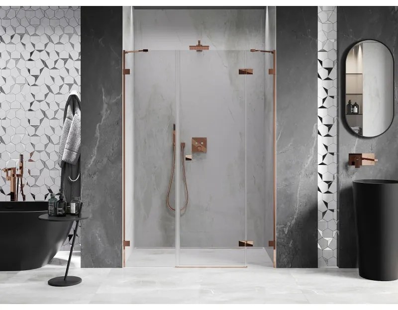 Mexen Lunar, pravé otočné sprchové dvere 140 cm, 8mm číre sklo, ružové zlato profil, 834S-140-050-60-00-P