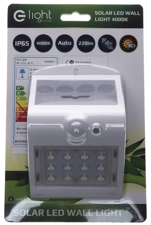 Ecolamp Exteriérové solárne nástenné LED svietidlo Butterfly, 1x LED 1,5w, biela, pohybový senzor