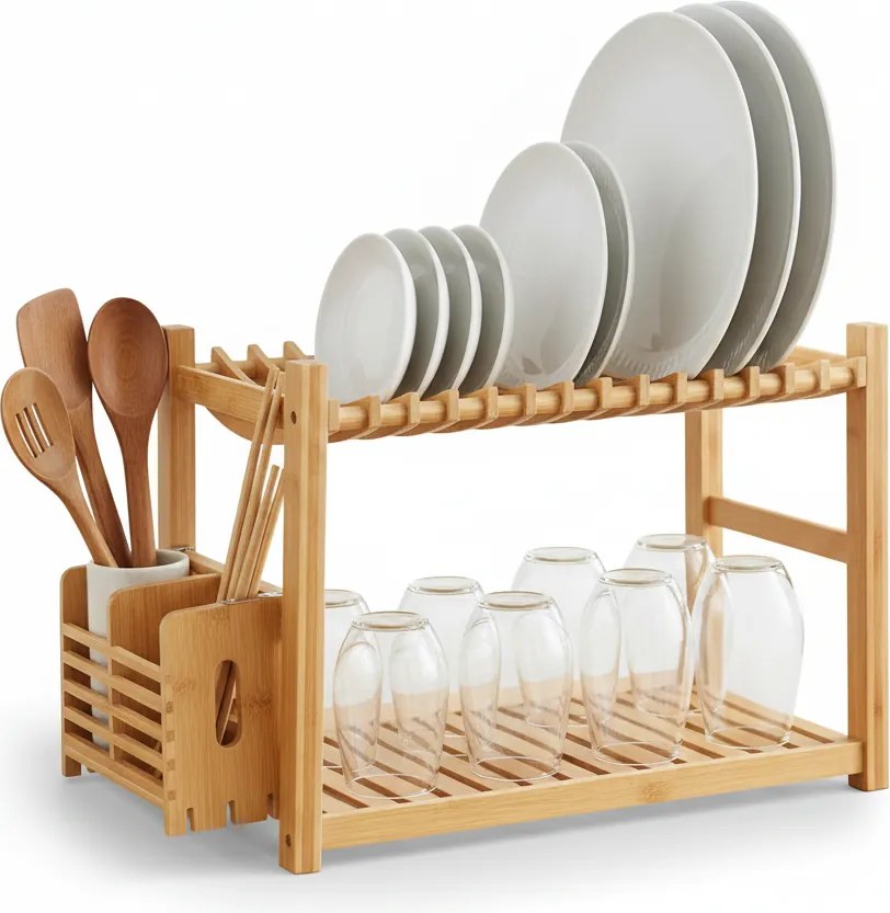 5Five® Dvoupatrový odkapávač BAMBOO, stojan na nádobí, 14 talířů,