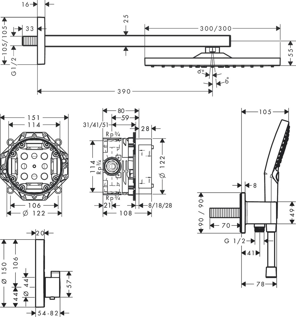 Hansgrohe Raindance E, sprchový systém 300 1jet s termostatom ShowerSelect Square, chrómová, HAN-27952000