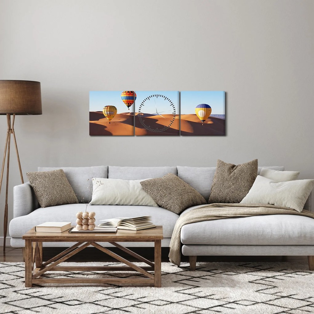 Obraz - lietajúce balóny v púšti (s hodinami) (90x30 cm)