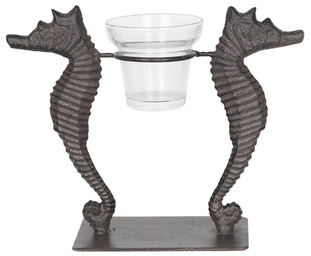 Hnedý kovový dekoračné svietnik na čajovú sviečku morské kone - 22 * ​​8 * 18 cm