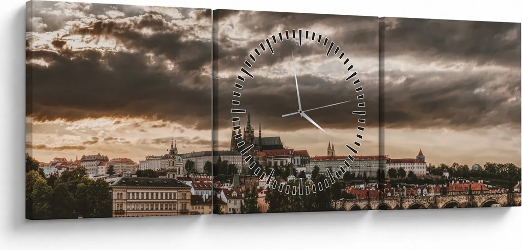 Obraz - zamračená Praha (s hodinami) (90x30 cm)