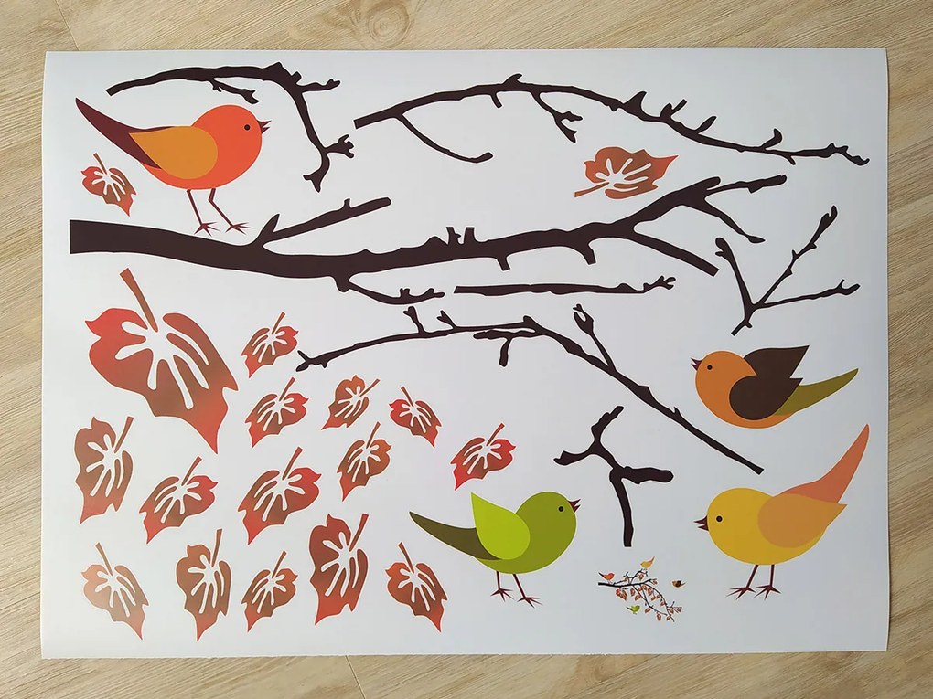 Vetva s vtáčikmi textilní prelepiteľná nálepka na stenu list 45 x 33 cm