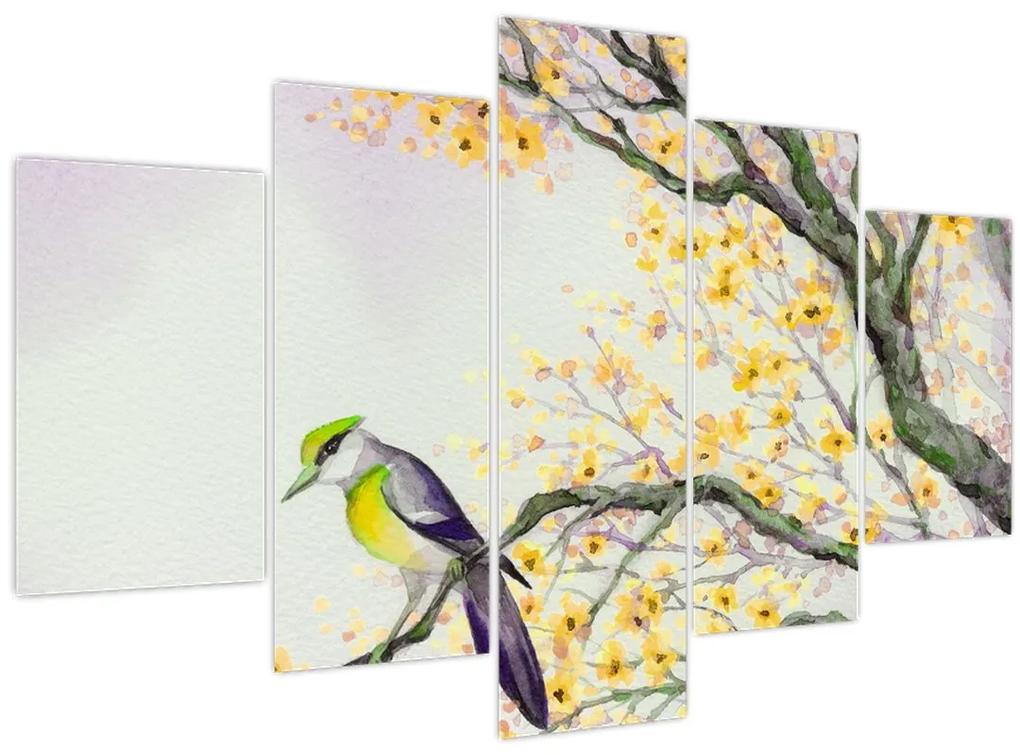 Obraz - Akvarelový vtáčik na strome (150x105 cm)
