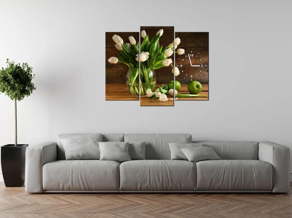 Gario Obraz s hodinami Očarujúce biele tulipány - 3 dielny Rozmery: 100 x 70 cm