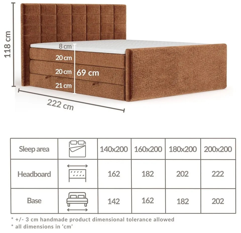 Oranžová boxspring posteľ s úložným priestorom 140x200 cm Ava – Maison de Rêve