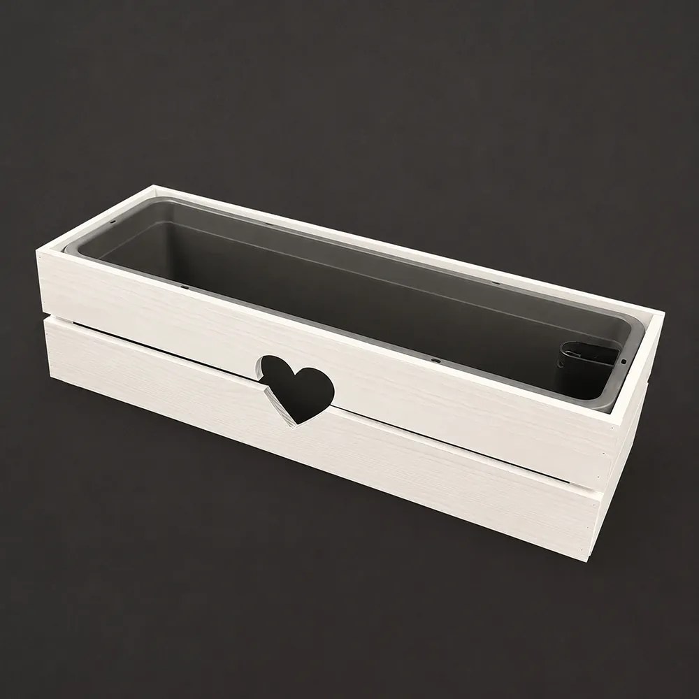 AMADEA Drevený obal na kvetináč so srdcom biely, 62x21,5x17cm Český výrobok