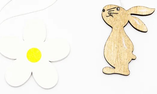 DECOLED Velikonoční dřevěná dekorace, květina a zajíc, 12ks/bal.