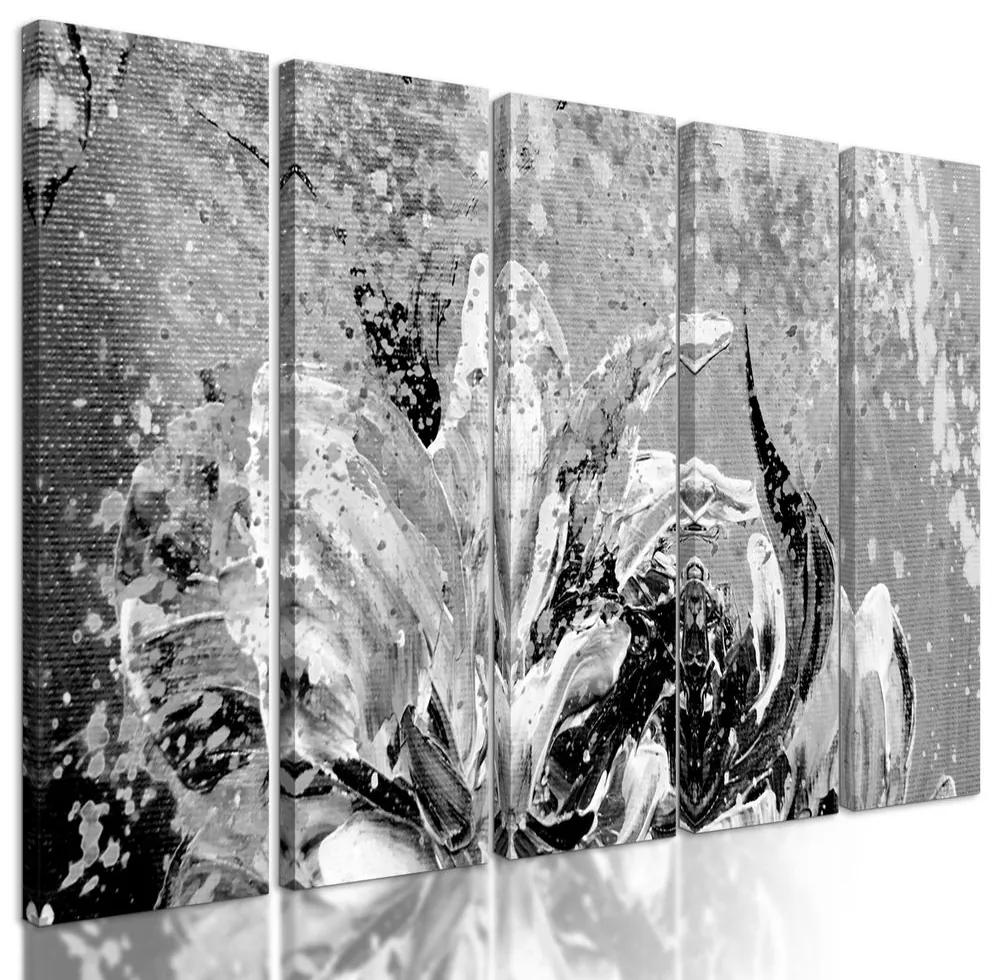 5-dielny obraz umelecká abstrakcia pivónie v čiernobielom prevedení