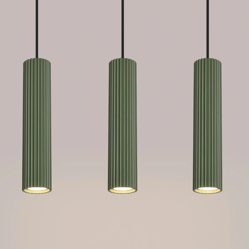 Závesné svietidlo Karbon, 3x olivovo zelené kovové tienidlo