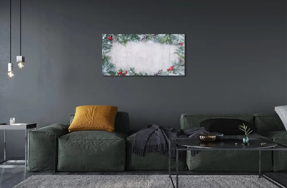 Sklenený obraz Snehové šišky, vetvičky 100x50 cm