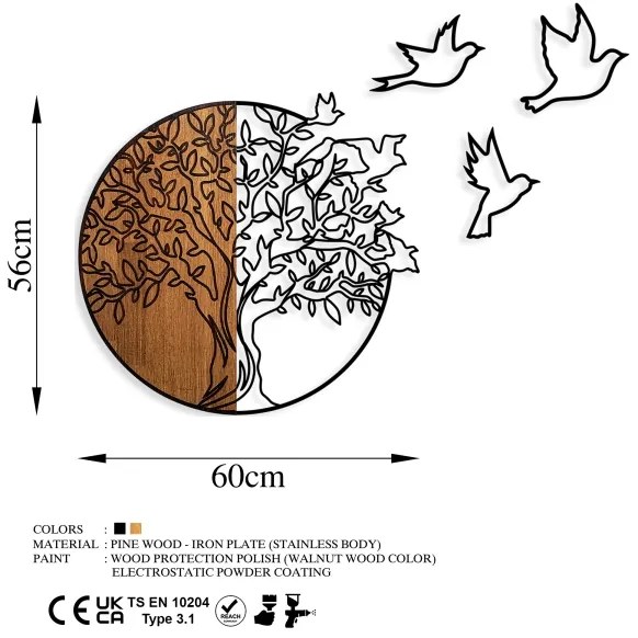 Nástenná dekorácia 60x56 cm strom a vtáci drevo/kov