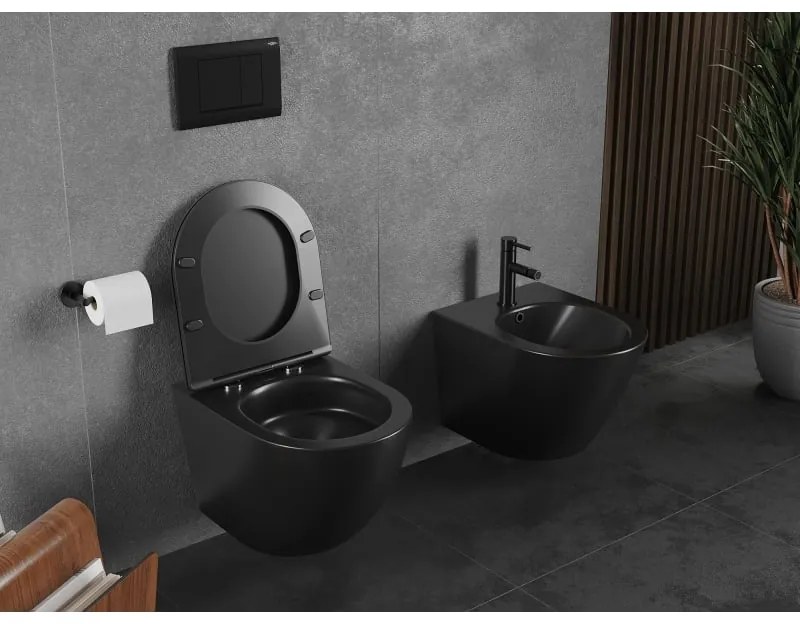 Mexen Lena, závesná WC misa 490x360x340 mm, Rimless Tornádo + WC sedadlo z duroplastu, čierna matná, 30221085T