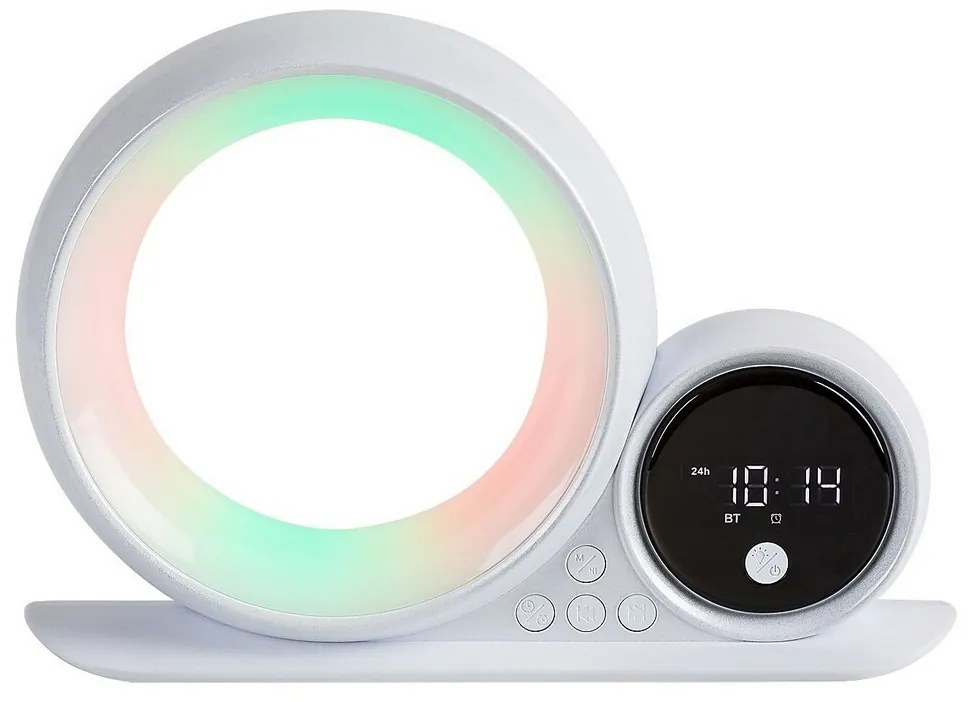 Rabalux 76109 dekoratívna stolná lampa Wakeway, s reproduktorom, RGB, hodinami a budíkom