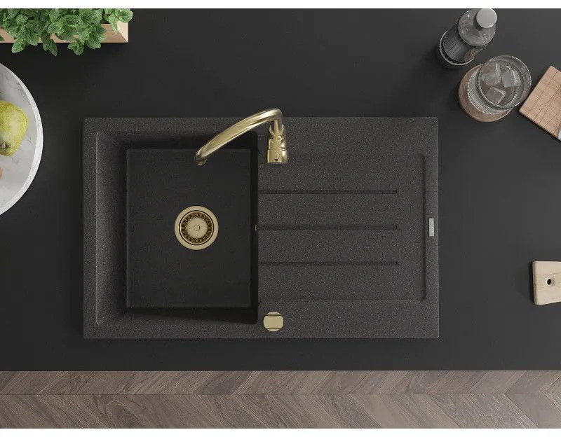 Mexen Bruno, 1-komorový granitový drez s odkvapkávačom 795x495x200 mm a zlatá kuchynská batéria Telma, čierna škvrnitá, 6513-76-670200-50