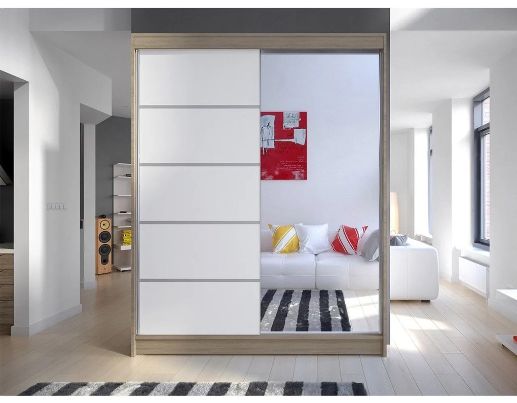 Šatníková skriňa Belgia III, Farby: čierna / biela + zrkadlo, Osvetlenie: osvetlenie LED RGB - farebné