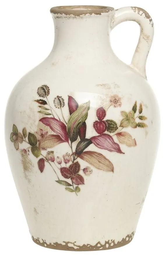 Krémová baňatá váza s uškom a kvetmi Florac - 14*21 cm