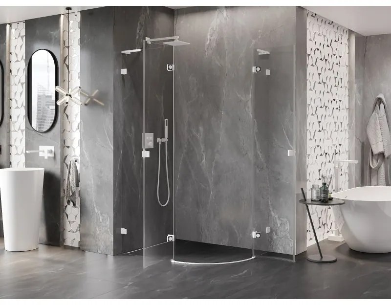 Mexen Lunar, L polkruhový sprchový kút naklápací doľava 100 x 80 cm, 8mm číre sklo, biely profil, 833L-100L-080P-20-00