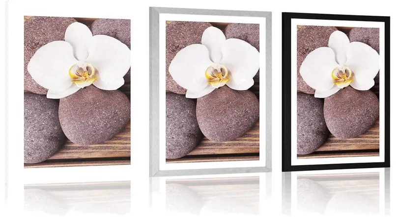 Plagát s paspartou wellness kamene a orchidea na drevenom pozadí - 30x45 silver