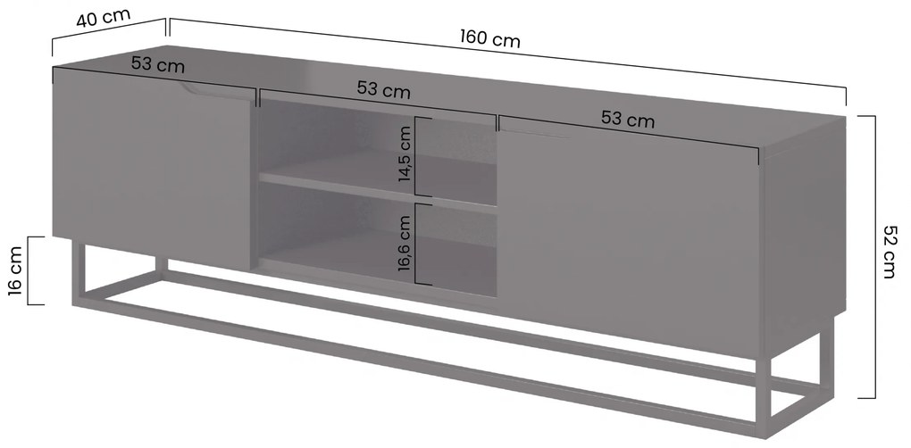 TV skrinka Loftia Mini 160 cm s otvorenými priečinkami a kovovým rámom – čierna / čierny mat