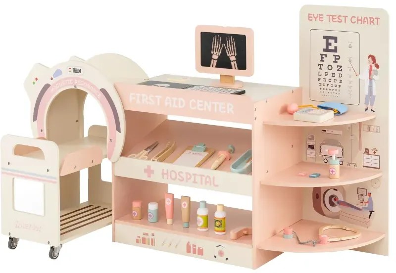 Detský lekársky set na hranie s očnou tabuľkou a hračkárskym CT prístrojom drevená súprava na hranie rolí v nemocnici ružová
