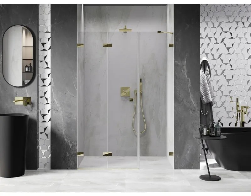 Mexen Lunar-F, skladacie ľavé sprchové dvere 115 cm, číre sklo, zlatý profil, 836S-115-050-50-00-L