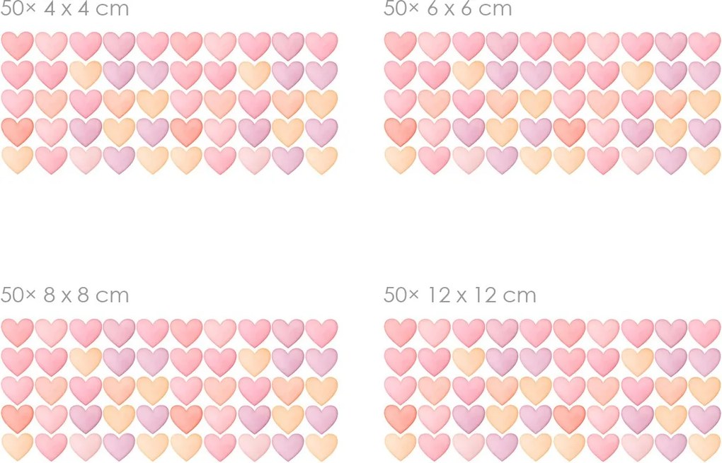 Akvarelové srdcia pre dievčatá 50 ks textilní prelepiteľné nálepky na stenu 50 ks 4x4 cm