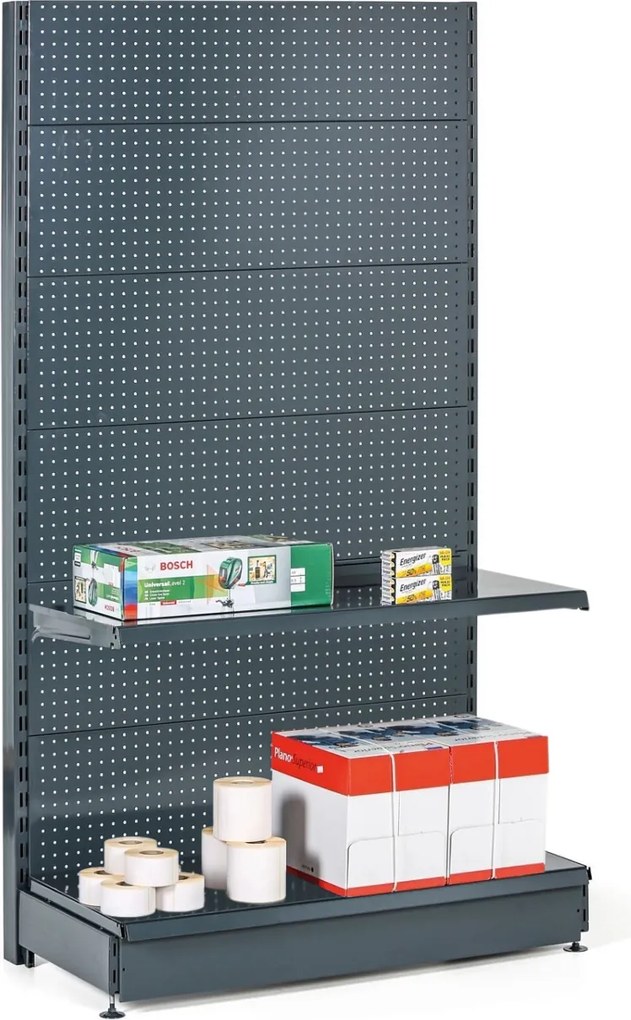 Predajný regál jednostranný, perfo steny, 1900 x 1000 x 450 mm, základný, antracit