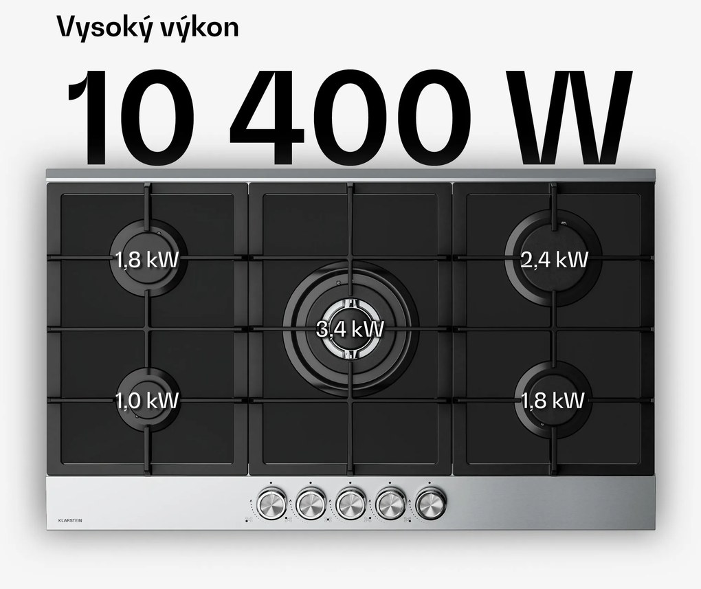 Klarstein Verosteel plynová varná doska | 5 horákov | elektrické zapaľovanie | kompatibilná s zemným plynom a LPG | 10400 W | 90 cm