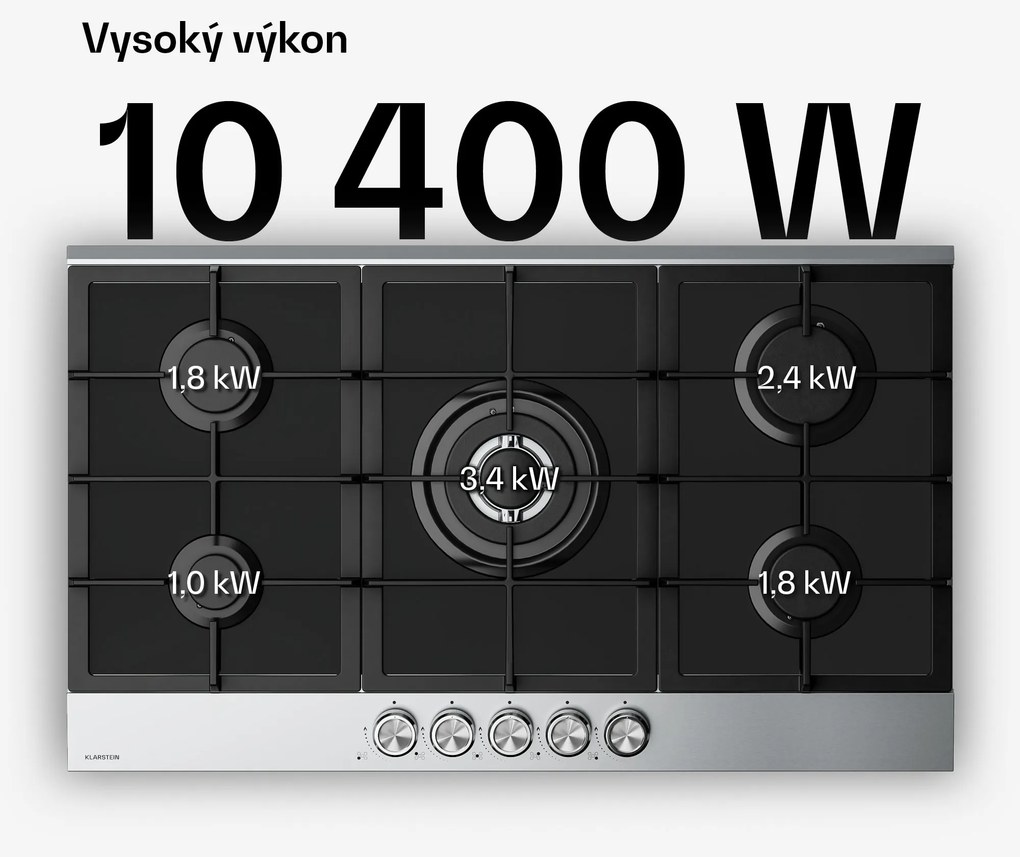 Klarstein Verosteel plynová varná doska, 5 horákov, Elektrické zapalovanie, Kompatibilná s zemným plynom a LPG, 10400W, 90cm