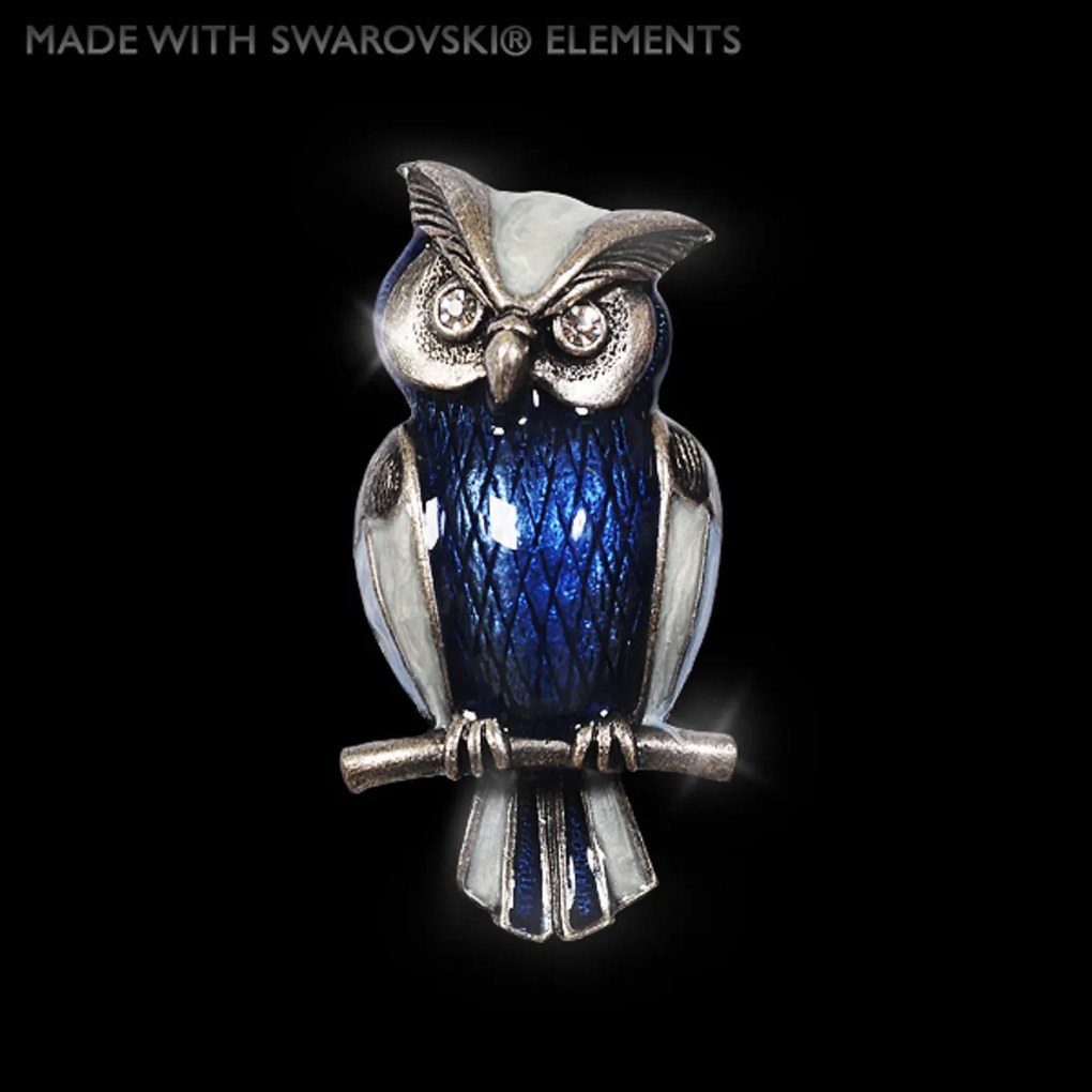 Swarovski-Crystals Brošňa Sova - starostříbro s kryštálmi Swarovski kryštály. Ručne maľovaná 5x2,5cm